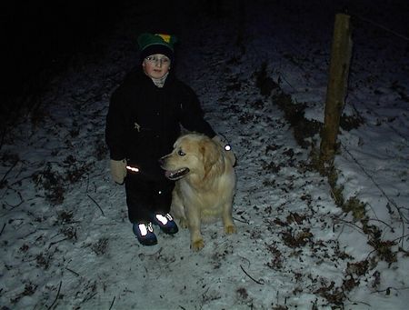 Golden Retriever Hunde Foto 1774 Golden Retriever ....und da ist sein kleines Herrchen ja auch schon! Leider hat der junge Mann Reflektoren an Schuhe und Jacke was das Bild sehr dunkel macht!